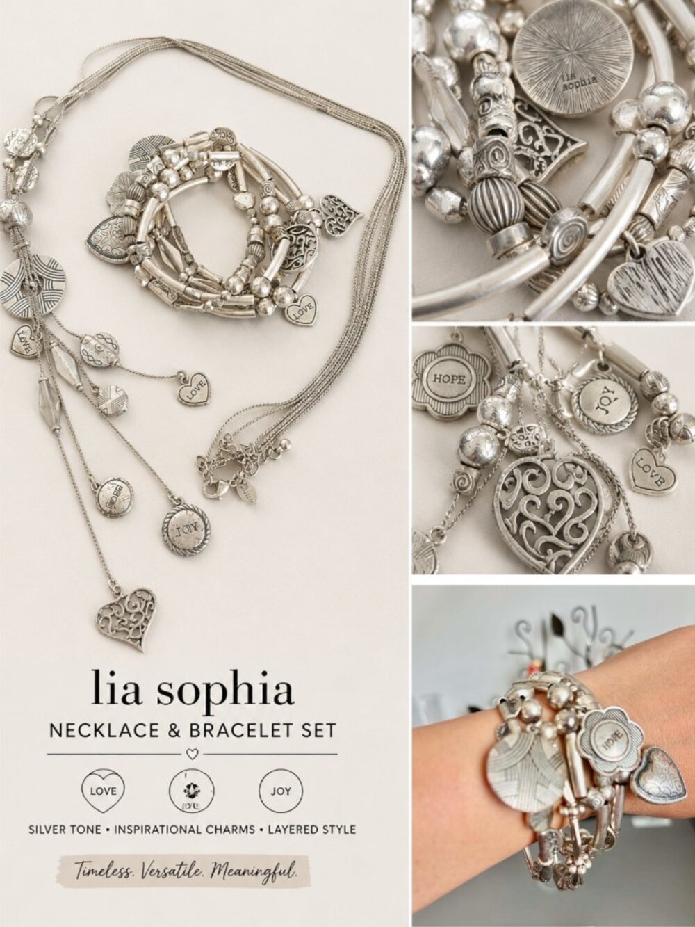 Lia Sophia Silver Tone Necklace Bracelet Set Love Hope Joy Heart Charms Boho